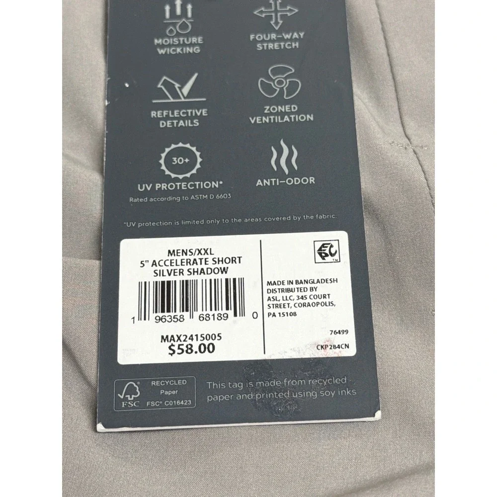 VRST MENS‎ 5 INCH ACCELERATE SHORTS SILVER SHADOW XXL MOISTURE WICKING NWT